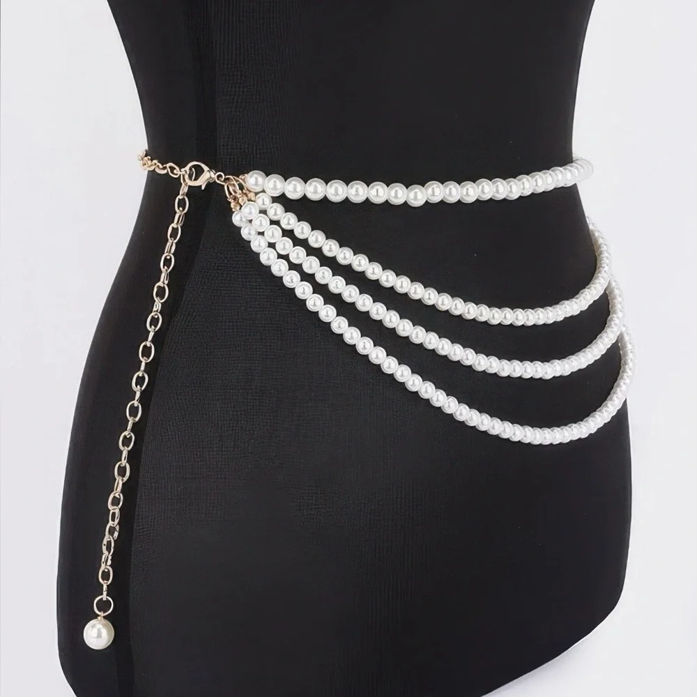 Layered Faux Pearl Flower Ribbon Belt